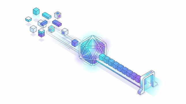 Isometric vector illustration showing unstructured data blocks transformed through a central AI crystal node into organized stream entering a scanner gate.