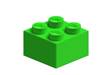 Naklejka premium Realistic green Lego plastic constructor part 2x2 isolated on transparent background. Vector illustration png