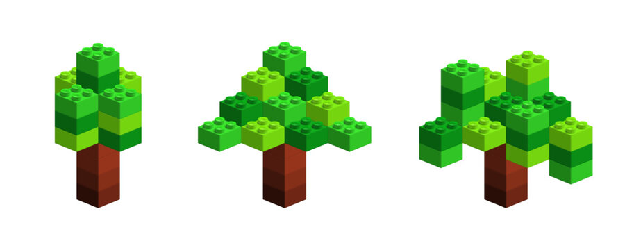 Realistic isometric 3D trees made by Lego plastic blocks isolated. Pixel brick Christmas tree. Vector illustration png