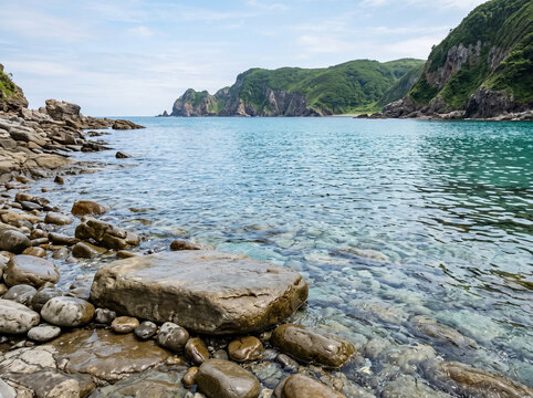 Clear turquoise water laps against a rocky shoreline beneath rolling green coastal hills.