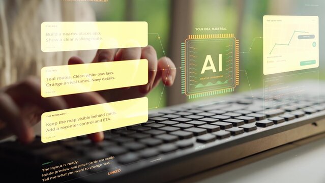Hands type on a keyboard. Conversational app development connects a location-based idea with program logic, using an AI-generated map preview to explore the proposed navigation experience.