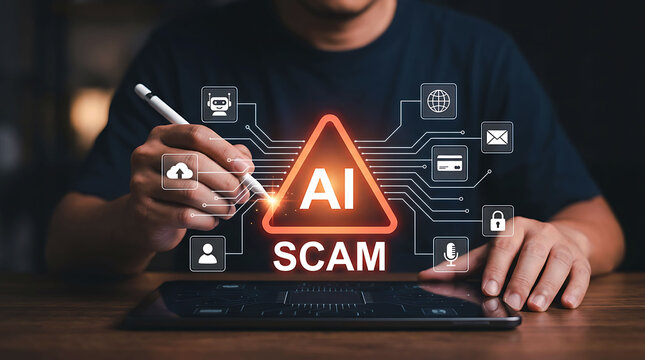 Person using stylus tablet with glowing AI scam warning and technology icons