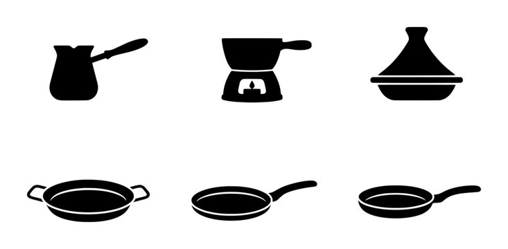 Kitchenware silhouettes set with cezve, fondue pot, tagine, paella pan and frying pans for cooking and food