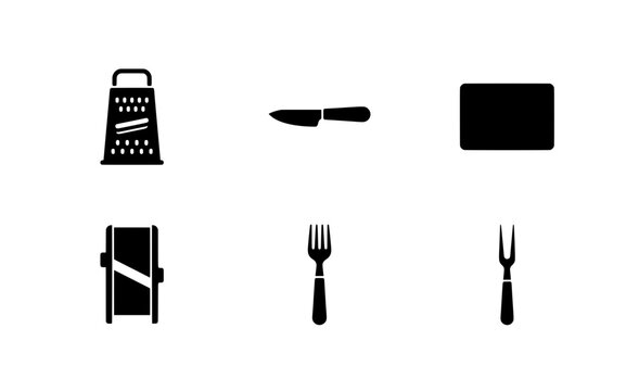 Kitchen utensil silhouettes set with grater, knife, mandoline, fork and carving fork for food preparation