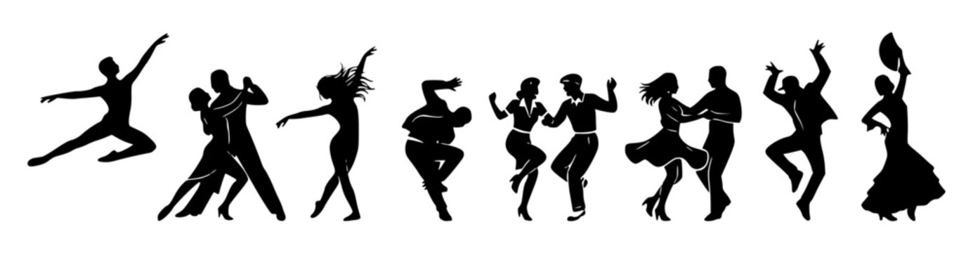 Silhouette figures dancing in poses set with simple line art design featuring sketches, drawings, vector graphics with minimalist and simple illustrations