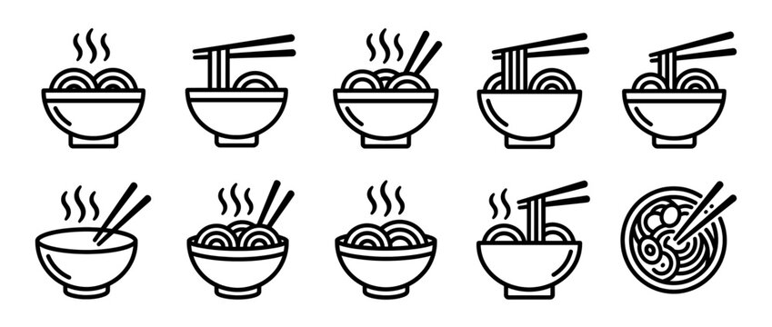 Asian noodle soup bowls with chopsticks. Traditional ramen and pho dishes. Ramen, pho, miso, udon bowls. Minimalist food icons for menus, packaging. Vector illustration.