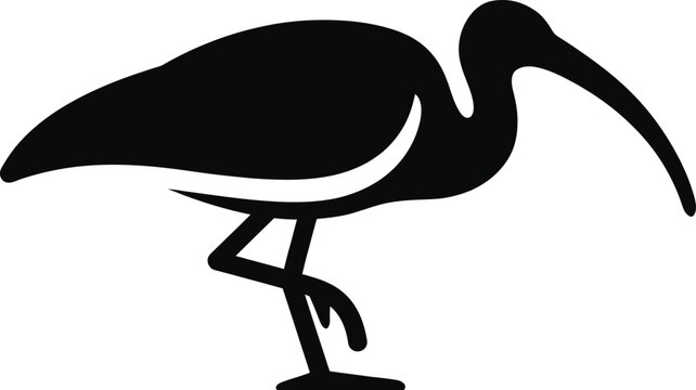 Minimalist black silhouette icon of an ibis bird standing on one leg isolated on white background