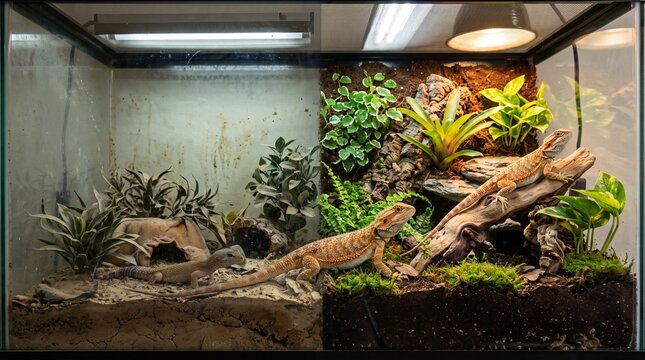 Bearded dragons resting in a terrarium habitat with plants and rocks