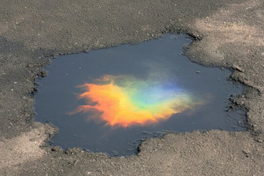 Puddle with iridescent colors on asphalt