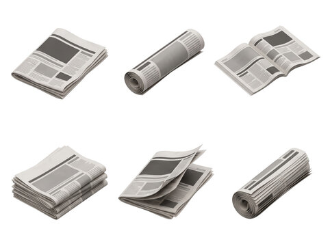 Collection of folded, rolled, and open newspaper publications in various positions and layouts isolated on a transparent background