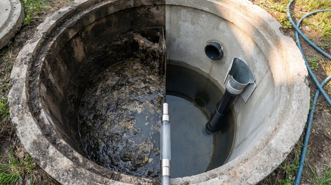 Open concrete septic tank with debris on one side and clean water inside