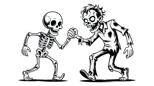 Black and white of a skeleton and a zombie shaking hands, representing a friendly encounter between two spooky undead characters for halloween themes
