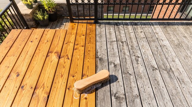 Wooden deck undergoing staining process showing contrast between old and new wood