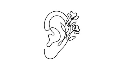 Fototapeta premium A minimalist continuous line drawing of a human ear adorned with delicate floral elements.