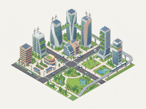 Isometric 3D vector illustration of an eco-friendly smart city district with green skyscrapers, wind turbines, solar panels, public parks, and monorail transit   