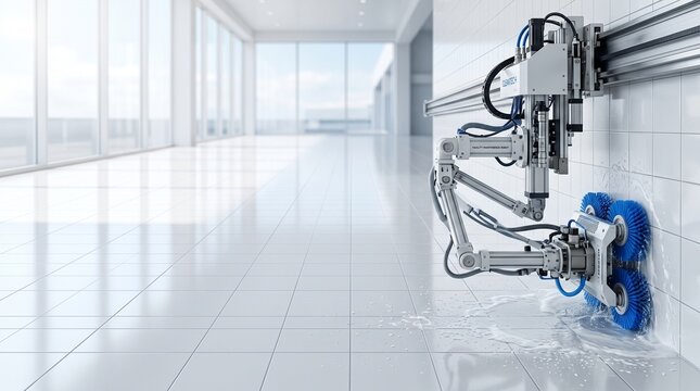 Industrial robotic arm cleaning white tiled wall inside a modern building