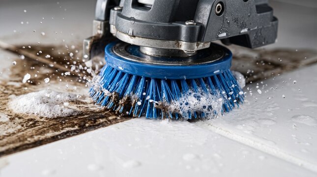 Power scrubber cleaning dirty floor tile with soap bubbles and water