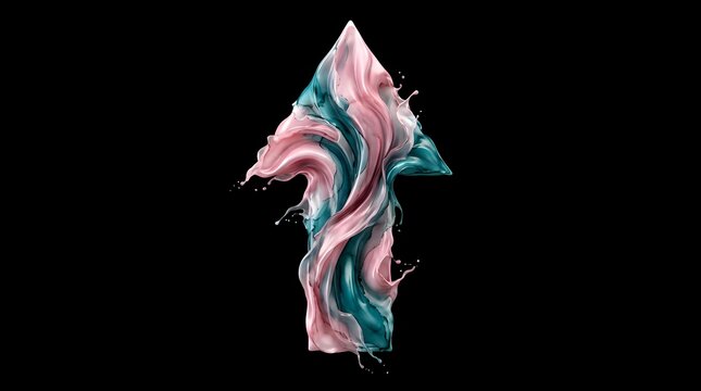 Abstract 3D Render of an Upward Pointing Arrow Formed by Swirling Pink and Teal Fluid Liquid Splashes Isolated on a Solid Black Background Symbolizing Success, Financial Growth and Creative Progress