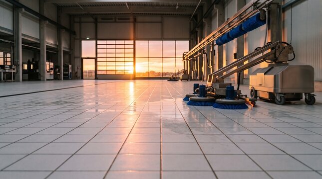 Industrial floor cleaning machine scrubbing warehouse floor at sunset