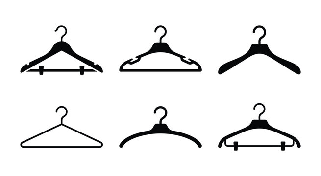 Fashion clothes hanger icon collection with assorted hanger styles. Simple black vector symbols for wardrobe, clothing storage, apparel, retail, fashion, closet, and organization.