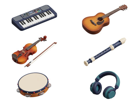 Collection of musical instruments including a keyboard, guitar, violin, flute, tambourine, and headphones isolated on a transparent background