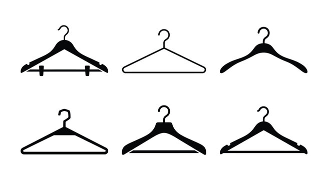 Fashion clothes hanger icon collection with assorted hanger styles. Simple black vector symbols for wardrobe, clothing storage, apparel, retail, fashion, closet, and organization.
