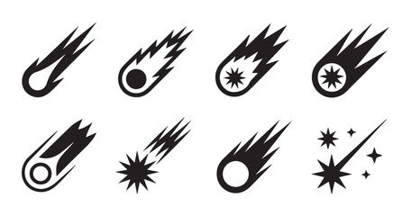 Set of black meteorite icons depicting celestial bodies with trails for astronomy and scientific themes. © Labib
