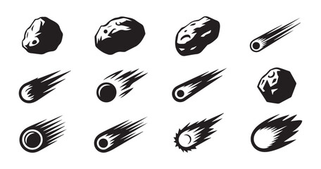 Set of dark asteroid and meteorite vector icons depicting celestial bodies for science and astronomy. © Labib