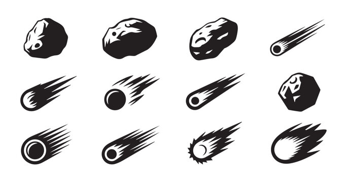 Set of dark asteroid and meteorite vector icons depicting celestial bodies for science and astronomy.
