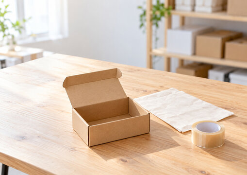 E-commerce packaging table ready for order fulfillment