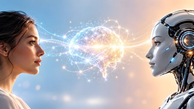 Artificial intelligence cognitive computing featuring glowing digital brain network connecting human and robot profiles