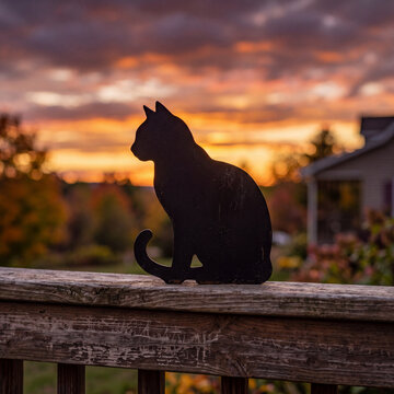 Cat silhouette sits on a wooden deck railing during sunset