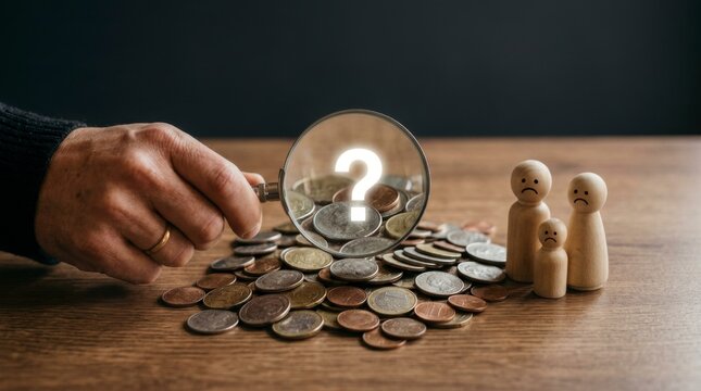 Hand holding magnifying glass over coins with sad wooden figures