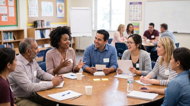 Diverse group of professionals engaged in a collaborative meeting around a circular table in a classroom setting