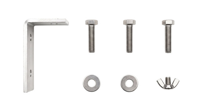 Stainless steel corner bracket hardware set, metal angle bracket with bolts and wing nut, studio shot on white background
