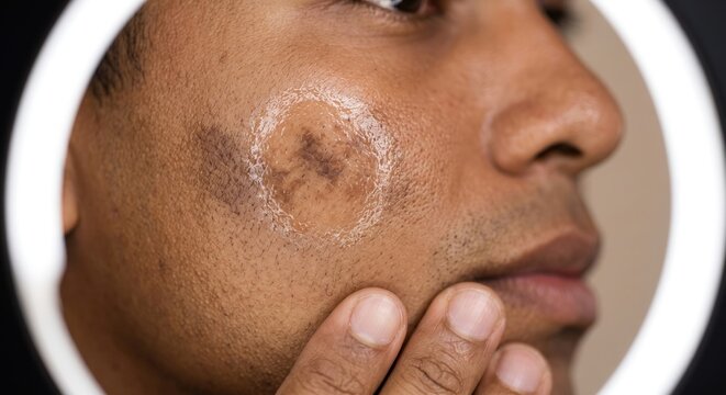 Man touching his cheek with a large, distinct circular ringworm fungal infection or scaly lesion