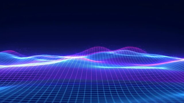 Neon wireframe waves ripple across a glowing blue and magenta grid landscape, forming smooth rolling peaks and flowing lines against a deep dark background with futuristic abstract depth