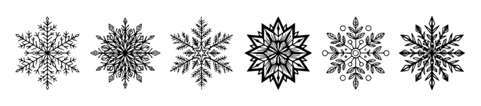 Six distinct snowflakes arranged&hellip; set with simple line art design featuring sketches, drawings, vector graphics with minimalist and simple illustrations