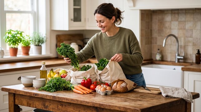 Woman unpacking fresh groceries in a bright kitchen with healthy food items on a wooden table