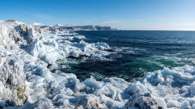 Frozen waterfall cascading over rocky cliffs under a clear winter sky
