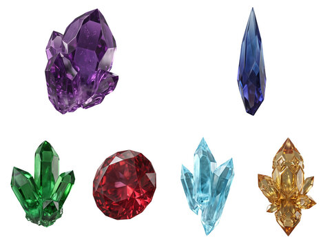 Collection of various colorful gemstones, crystals, and faceted mineral stones in different shapes and sizes isolated on a transparent background