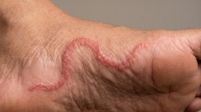 Close up macro view of a serpentine red rash or parasitic infection like cutaneous larva migrans on a human foot