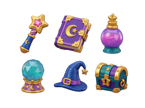 Collection of magical including a spellbook, crystal ball, wizard hat, potion bottle, wand, and treasure chest isolated on a transparent background