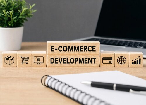 E commerce development concept with wooden blocks icons and office supplies