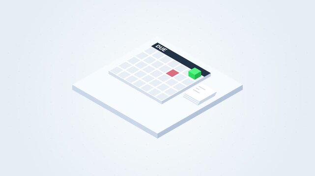 Invoice Due Date Isometric 3D Calendar Turning Red to Green with Paid Document Stamp Animation