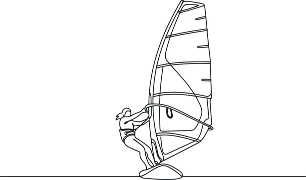 Detailed line drawing of a windsurfing sail and board