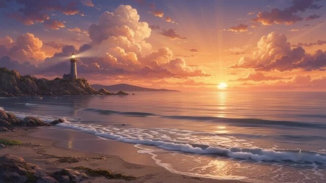 Animated Seascape at Dusk with Glowing Lighthouse for Japanese Animation Background and Visual Storytelling