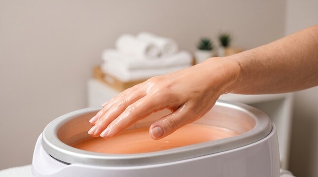 Woman dipping her hand into a warm paraffin wax bath for skin therapy and moisturizing treatment at a spa