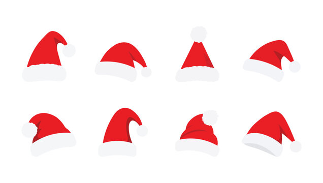 Santa hat vector set featuring red Christmas claus hats with white fur and pompom details for festive holiday costume decoration vector