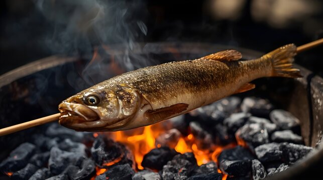 Fresh whole trout fish skewered and grilled over hot glowing charcoal embers with smoke